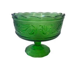 Green Glass Bowl Vintage E.O. Brody M600 Pedestal Dish Candy Bowl Depression Glass 1960s USA