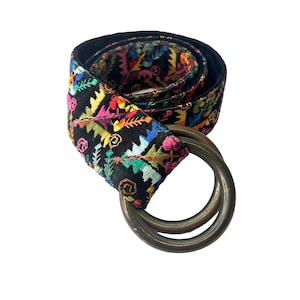 Embroidered Velvet Belt: Vintage Floral Brass Buckle, Size Small