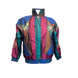 Vintage 80s Retro Floral Color Block Bomber Wind Jacket Size SMALL Quilted Patchwork Design Streetwear Mid Century Deadstock Boho Hippie