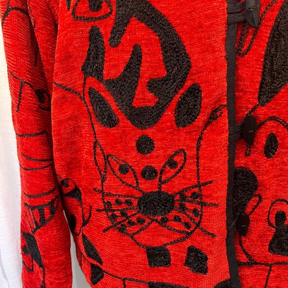 Vintage Art Deco Cat Jacket: Red Toggle Button 90… - image 5