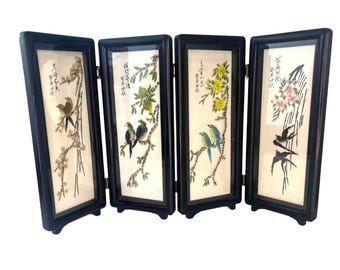 Biombo japonés vintage de cuatro paneles: pájaros con conchas, decoración de mesa