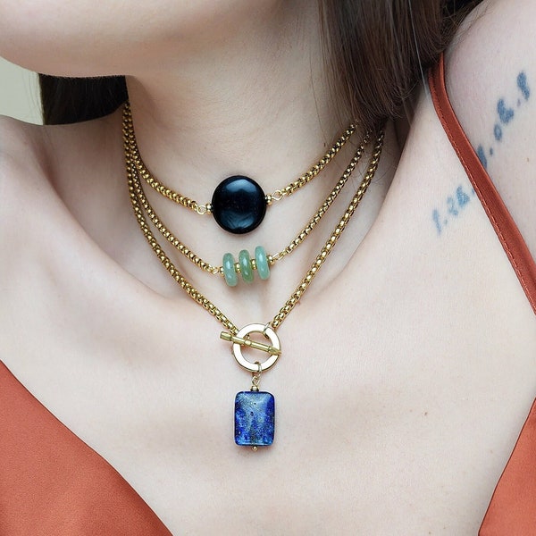 Lapis Lazuli necklace, big pendant necklace, Gold toggle clasp, Large crystal necklace, Throat chakra, Geometric necklace, Thick gold chain