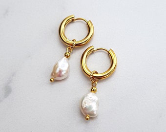 natural freshwater pearl drop earrings invisible clip on earrings Baroque pearl huggie clip on earrings Gift for her