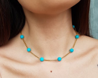 Hand-knotted floating turquoise coin stone necklace