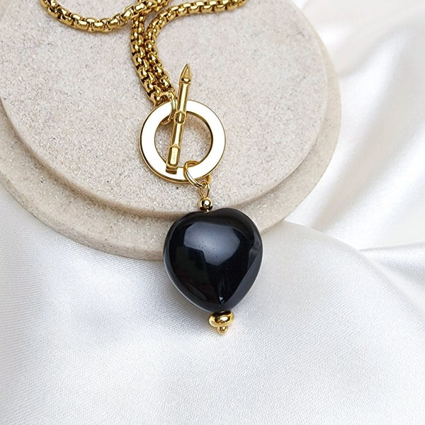 Black Obsidian heart necklace, Heart toggle choker, Gold toggle clasp necklace, Obsidian crystal pendant, Large gemstone, Thick box chain