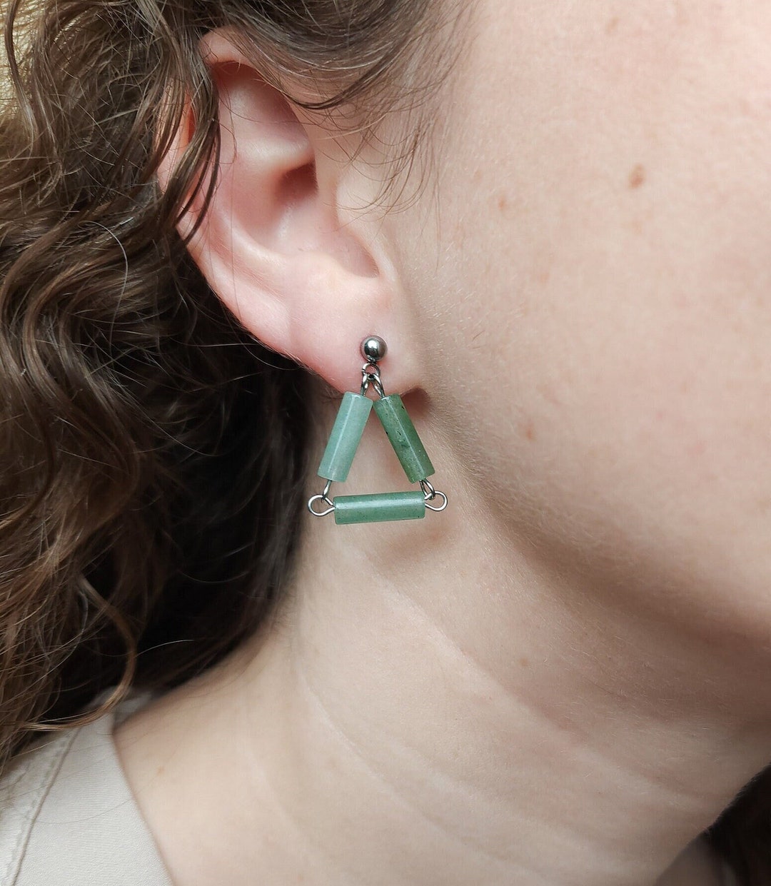 Green Aventurine Earrings, Geometric Triangle Earrings, Dainty Crystal