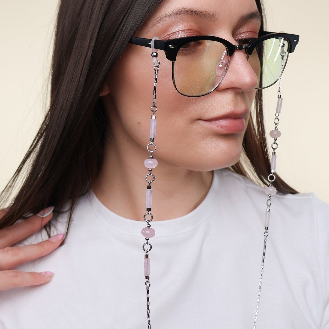 Rose Quartz Crystal Glasses Chain, Silver Eyeglass Chain, Non Tarnish ...