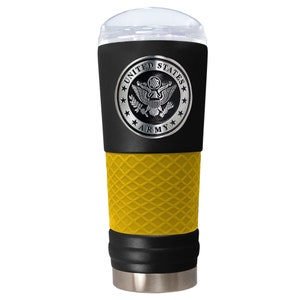 May include: A black and yellow stainless steel travel mug with a lid. The mug has a textured yellow band and a silver emblem with the words "United States Army".