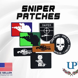 May include: A set of six embroidered patches featuring a sniper theme. The patches are in various colors, including red, blue, green, black, brown, and white. The patches feature different designs, including a sniper scope, a skull, a teddy bear, and a soldier holding a rifle. The text "SNIPER" appears on several of the patches.