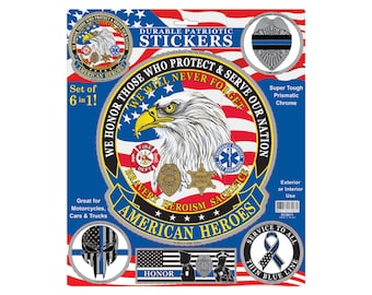 American Heroes - Police Durable Car Sticker Set of 6, Police Car Decal, Law Enforcement Bumper Sticker, The Thin Blue Line Car Decal, Decal