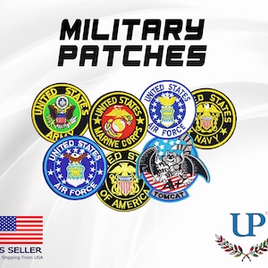 May include: A set of seven embroidered military patches featuring the United States Army, Marine Corps, Air Force, Navy, and a Tomcat squadron patch. The patches are circular and feature the official emblems of each branch of the military.