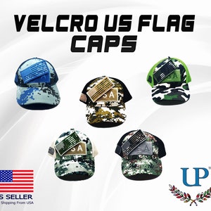 May include: Five different camouflage baseball caps with velcro patches featuring the American flag and the letters "SA".