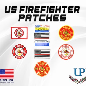 May include: A set of six firefighter patches featuring a red and yellow fire department logo with a crossed axe and hose. The patches are on a white background and have a velcro backing. The patches are labeled "Fire Department" and have a star on each side. The patches are in a variety of sizes and shapes. The patches are perfect for adding a touch of firefighter pride to your gear or clothing.