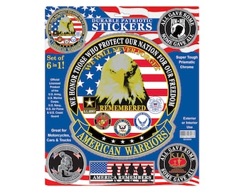 American Warriors Durable Car Sticker Set of 6, U.S. Armed Force Car Decal, Army, Air Force, Navy, Marine Corps, Coast Guard, Bumper Sticker