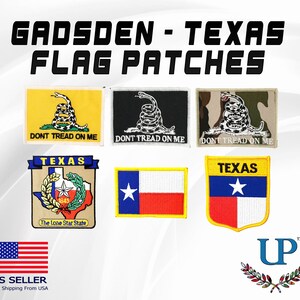 Embroidered Gadsden Flag Iron On Patches, Embroidered Texas Flag Iron On Patches, Don&#39;t Tread on Me Flag Patch, The Lone Star State Patches