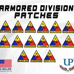 May include: A collection of 14 US Army Armored Division patches, each featuring a unique design and name. The patches are triangular in shape with a yellow background, red and blue accents, and a lightning bolt symbol. The patches are numbered 1 through 14, with names like "Old Ironsides", "Hell on Wheels", "Spearhead", "Name Enough", "Victory", "Super Sixth", "The Lucky "7th"", "Thundering Herd", "Remagen", "Tiger", "Thunderbolt", "Hellcat", "Black Cat", "Liberator", and "Jersey Blues".