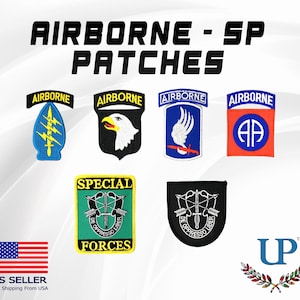 May include: A set of eight embroidered patches featuring the words "Airborne" and "Special Forces". The patches are in various colors, including blue, red, green, and black. The patches feature different designs, including a winged eagle, a parachute, and a dagger.