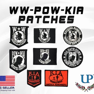 May include: A set of eight embroidered patches featuring various military themes. The patches are black and white with red accents. The patches feature the words "WW", "POW-MIA", and "KIA".