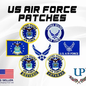 US Air Force Patches with Iron On and Velcro fastener backing, Retired and Veteran Patches, Embroidered US Air Force Patches, USAF Patches