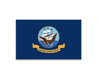May include: A blue flag with a gold seal featuring a white ship and an eagle with a gold anchor. The seal is surrounded by a gold ribbon with the text "UNITED STATES NAVY".