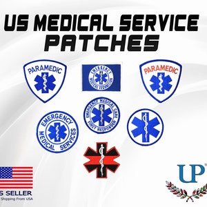 May include: Seven embroidered patches with various medical service designs. The patches are blue, red, and white with a caduceus symbol. The text on the patches includes "Paramedic", "Emergency Medical Technician", "Emergency Medical Care", and "First Responder".