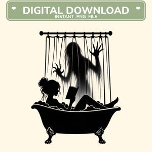 Puede incluir: Una silueta negra de una persona leyendo un libro en una bañera con patas llena de burbujas, con una figura fantasmal apareciendo detrás de la cortina de ducha. La imagen incluye el texto DIGITAL DOWNLOAD INSTANT PNG FILE en la parte superior.