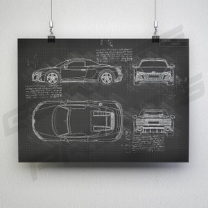 Audi R8 Spyder V10 Quattro (2019 - Presente) Póster de plano del coche - Audi R8 Wall Art - Audi R8 Spyder Blue Print Ilustración - R8 Car Poster