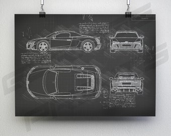 Audi R8 Spyder V10 Quattro (2019 - Present) Car Blueprint Poster