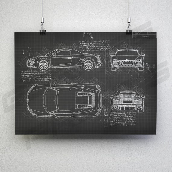 Audi R8 Spyder V10 Quattro (2019 - Present) Car Blueprint Poster