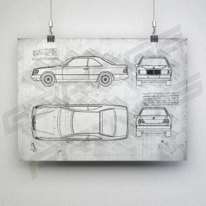 Mercedes-Benz E-Class Coupe W124 1987 1996 Car Blueprint Poster Da Vinci Car Wall Art Blue Print Illustration W124 Car Poster image 3