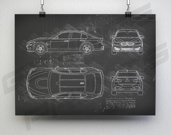 BMW M3 F80 (2014-2018) Car Blueprint Poster - Da Vinci Car Wall Art - Blue Print Illustration - BMW M3 Car Poster - BMW M3 Art (Unframed)