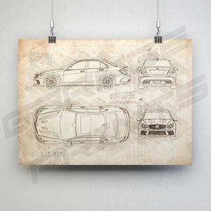 Mercedes-Benz C63 AMG W204 (2008-2015) Car Blueprint Poster - Da Vinci Car Wall Art - Blue Print Illustration - C63 Car Poster (Unframed)