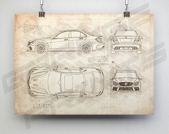 Mercedes-Benz C63 AMG W204 (2008-2015) Car Blueprint Poster - Da Vinci Car Wall Art - Blue Print Illustration - C63 Car Poster (Unframed)