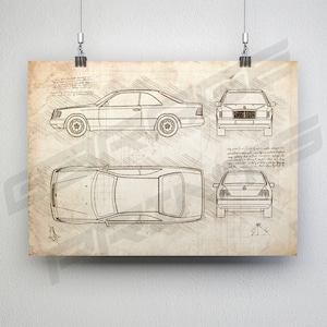 Mercedes-Benz E-Class Coupe W124 1987 1996 Car Blueprint Poster Da Vinci Car Wall Art Blue Print Illustration W124 Car Poster image 2