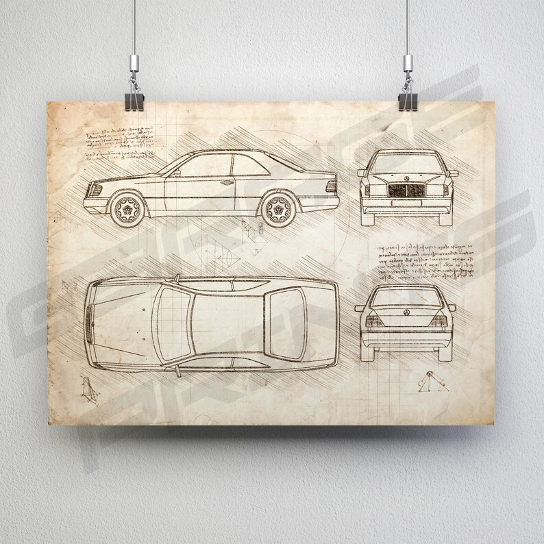 Mercedes-Benz E-Class Coupe W124 1987 1996 Car Blueprint Poster Da Vinci Car Wall Art Blue Print Illustration W124 Car Poster image 2