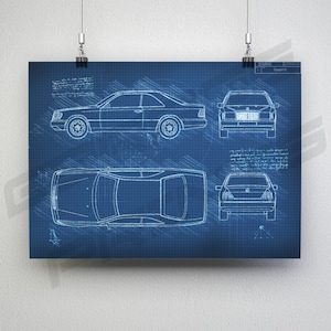 Mercedes-Benz E-Class Coupe W124 1987 1996 Car Blueprint Poster Da Vinci Car Wall Art Blue Print Illustration W124 Car Poster image 6