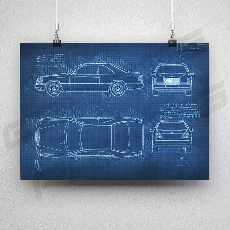 Mercedes-Benz E-Class Coupe W124 1987 1996 Car Blueprint Poster Da Vinci Car Wall Art Blue Print Illustration W124 Car Poster image 6