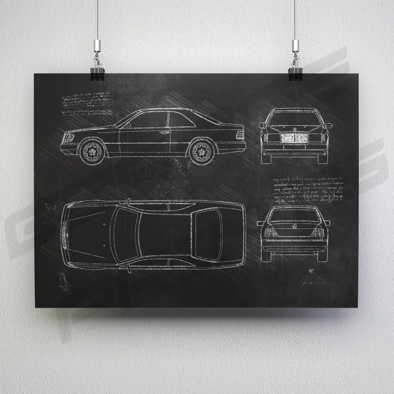 Mercedes-Benz E-Class Coupe W124 1987 1996 Car Blueprint Poster Da Vinci Car Wall Art Blue Print Illustration W124 Car Poster image 4