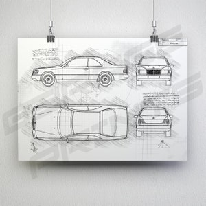 Mercedes-Benz E-Class Coupe W124 (1987 - 1996) Pôster do projeto do carro - Arte da parede do carro Da Vinci - Ilustração em impressão azul - Pôster do carro W124