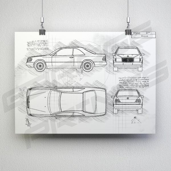 Mercedes-Benz E-Class Coupe W124 (1987 - 1996) Car Blueprint Poster - Da Vinci Car Wall Art - Blue Print Illustration - W124 Car Poster