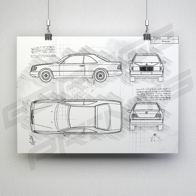 Mercedes-Benz E-Class Coupe W124 1987 1996 Car Blueprint Poster Da Vinci Car Wall Art Blue Print Illustration W124 Car Poster image 1