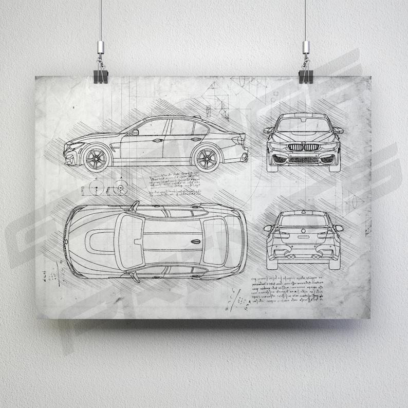 BMW M3 F80 (2014-2018) Car Blueprint Poster - Da Vinci Car Wall Art ...