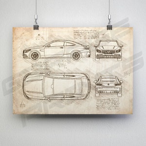 Mercedes C63S AMG W205 Coupe (2019-2021) Car Blueprint Poster - Da Vinci Car Wall Art - Blue Print Illustration - C63 Car Poster (Unframed)