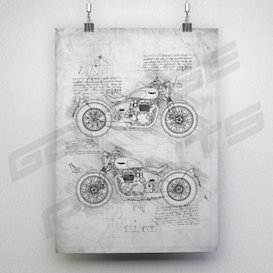 Triumph Bonneville Bobber Blueprint Poster - Da Vinci Motorcycle Wall Art - Blue Print Illustration - Triumph Bobber Bike Art Print Unframed