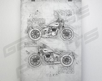 Triumph Bonneville Bobber Blueprint Poster - Da Vinci Motorcycle Wall Art - Blue Print Illustration - Triumph Bobber Bike Art Print Unframed