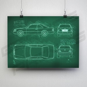 Mercedes-Benz E-Class Coupe W124 1987 1996 Car Blueprint Poster Da Vinci Car Wall Art Blue Print Illustration W124 Car Poster image 5