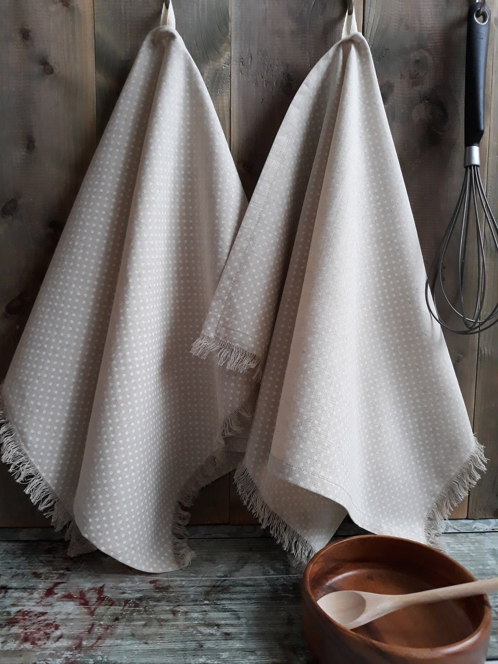 Linen tea towel Soft dish towel fringed towels Polka dot Etsy