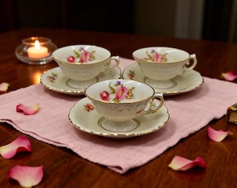 Vintage KPM Friederike Tea Cups and Saucers – Floral Porcelain Set of 3