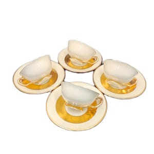 Vintage H&C Chodau Czechoslovakia Espresso Cup and Saucer Set – White with 22K Gold Trim – Set of 4