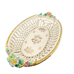 Vintage Porcelain Reticulated Basket with Hand-Painted Flowers and Gilded Edge – European Rococo Style